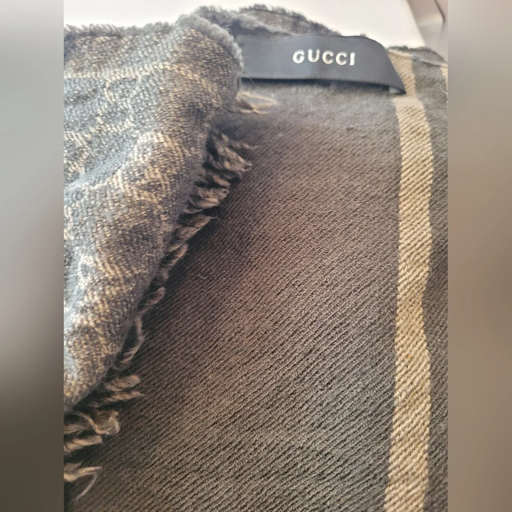 GUCCI Black GG  Monogram Silk Wool Mix Scarf Unisex